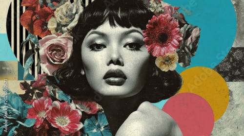 Surreal floral collage of a woman's black and white portrait with vibrant colorful flowers and geometric shapes for editorial, art, and design