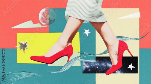 Fashion forward woman walking confidently in bright red high heels against a colorful geometric abstract background
