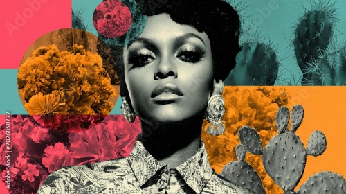 Monochrome portrait of confident woman with floral and cactus collage in vibrant retro colors for modern art and editorial design