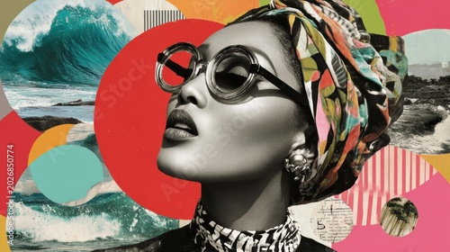 Stylish woman wearing round glasses and a colorful headscarf with ocean waves and abstract geometric background for modern art and fashion design