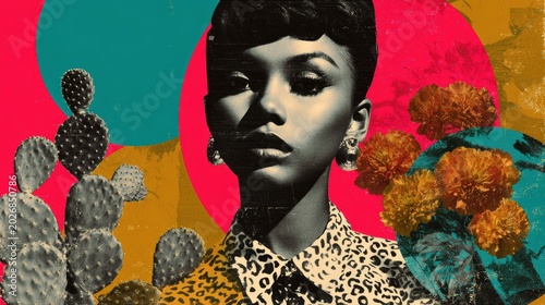 Surreal portrait of a confident woman with leopard print outfit amid vibrant cactus and flowers in colorful abstract backdrop