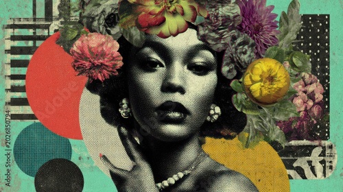 Abstract vintage woman portrait collage with floral crown, geometric shapes, and textured halftone patterns for modern art and design