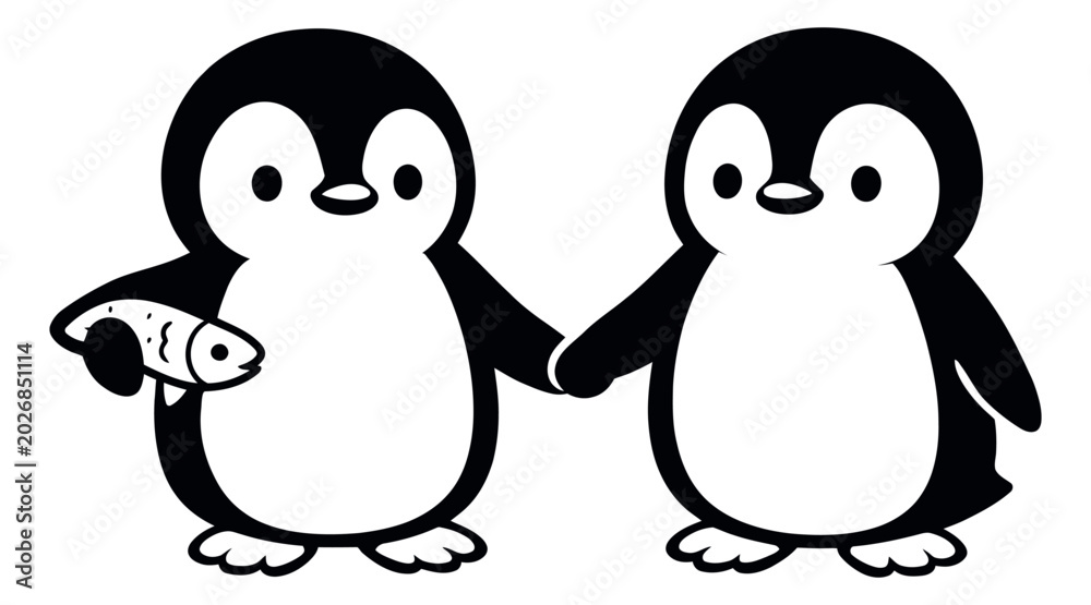 Fototapeta premium Cute line art penguin set featuring two penguins holding hands and one holding a fish for love and friendship concepts