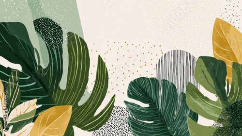 abstract botanical tropical leaves and floral line art background, modern boho vector shapes and organic foliage design, elegant nature inspired wallpaper for summer sale banners, wall art prints, and