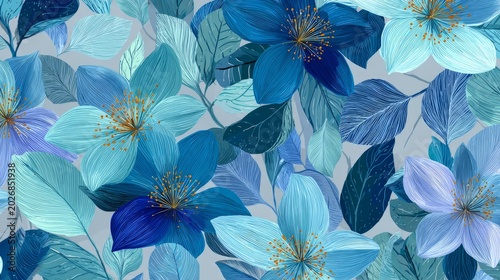 Abstract seamless blue floral pattern with organic botanical leaves and contemporary nature inspired shapes, elegant modern artistic background design for wallpaper, textile print, fabric decoration a