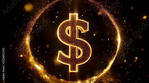 Sparkling golden dollar sign rotating inside a magical glowing circle of light and particles