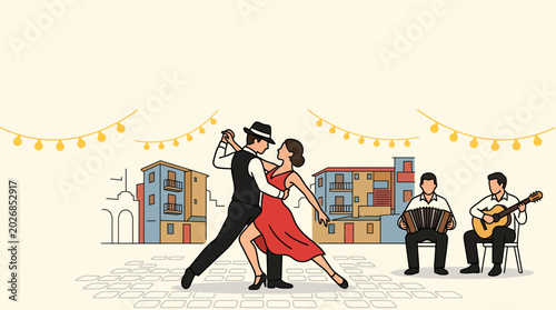 Tableau sur toile A couple dancing tango in a street performance with musicians.