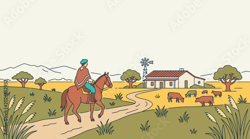 Foto A gaucho riding a brown horse on a rural path.