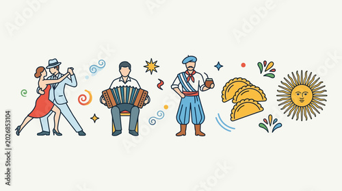 Φωτογραφία Argentine Culture Icons Featuring Tango Dancers Bandoneon Player Gaucho Empanadas and Sun