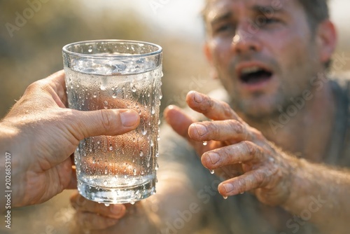 A person shielding their eyes from the light with a glass of water