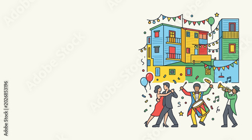 Bilde på lerret Colorful hand drawn illustration of people dancing tango and playing music in front of vibrant La Boca neighborhood buildings