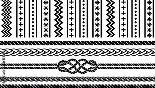 Vector rope brush seamless border pattern set geometric line ornament nautical cord knot frame divider element black monochrome design collection