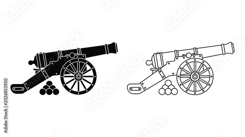 Obraz na płótnie cannon silhouette with cannonballs black and white illustration