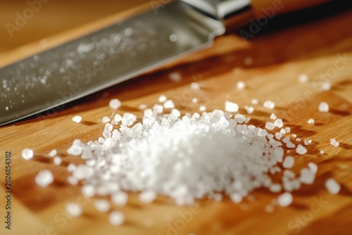 Salt grain macro knife blade cutting board crystal white food seasoning pile closeup