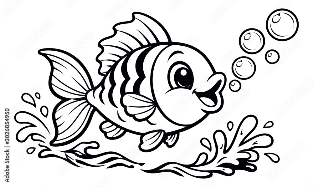 Fototapeta premium Cartoon line art illustration of a happy fish depicting swimming and blowing bubbles for children's design projects