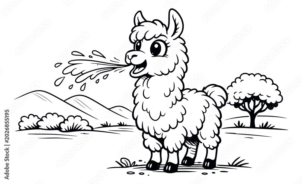 Naklejka premium Hand drawn line art illustration of a cute llama depicting spitting for children's coloring activities