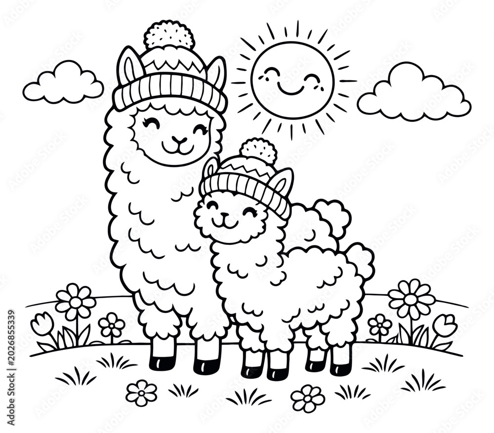 Fototapeta premium Hand drawn line art illustration of two cute llamas depicting them wearing winter hats in a field for a children's coloring book