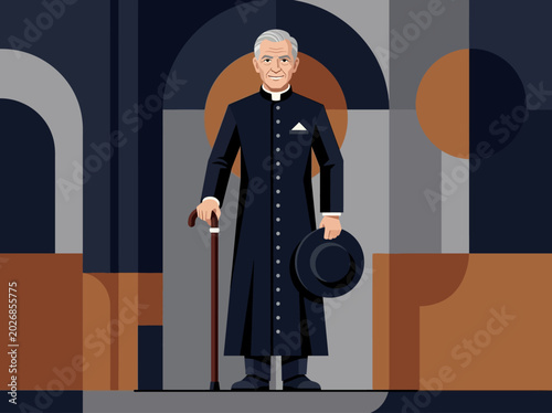 Photos Modern Flat Vector Illustration of an Elderly Catholic Priest in a Cassock Holdi