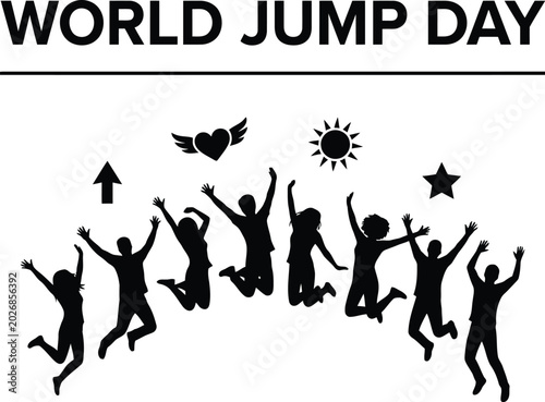 World jump day banner design with black silhouettes of a happy group of friends jumping 