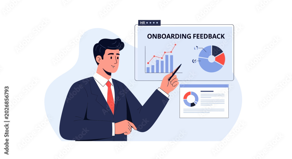 Fototapeta premium Business man presenting onboarding feedback with charts and graphs