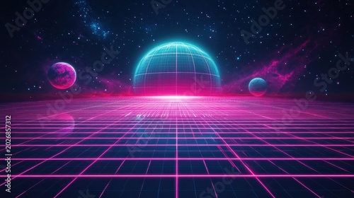 Futuristic gridded landscape with glowing planets