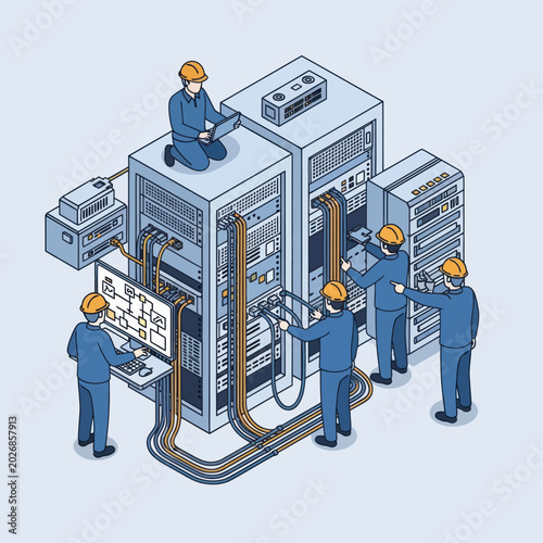 Isometric Illustration of IT Technicians Maintaining Server Racks.