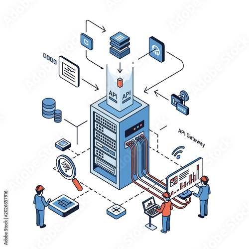 API Gateway Illustration - Data Flow, Server Rack, and Team Analysis.