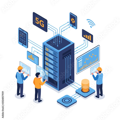 Isometric 5G Network Infrastructure Management with Engineers and Data Visualization.