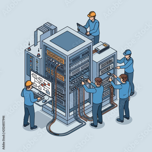 Isometric Illustration of IT Technicians Working on a Server Rack.