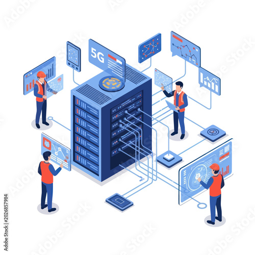 Isometric 5G Network Infrastructure with Engineers and Data Visualization.