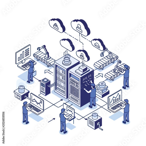 Isometric Illustration of Data Center and Cloud Computing Network.