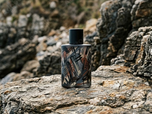 Patterned perfume bottle placed on rocky texture.