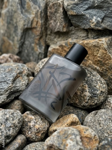 Perfume bottle on rocks, rustic textured background.