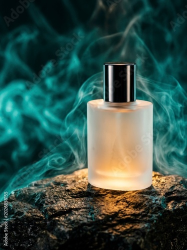 Perfume bottle on stone, teal smoke background.