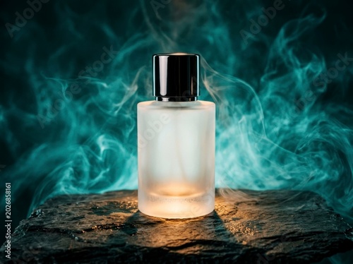 Perfume bottle on stone, teal smoke background.