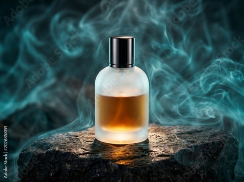 Perfume bottle on stone, teal smoke background.