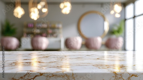 Softly lit salon interior with marble counter and plush seating