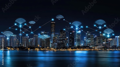City skyline at night, connected by wifi