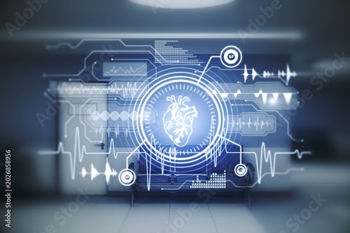 Futuristic digital healthcare interface with brain scan, medical AI, data analytics, innovation and smart hospital technology concept