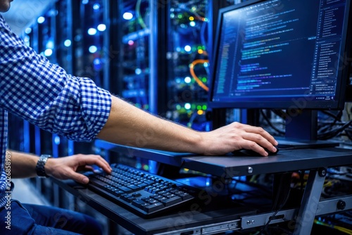A man in a blue and white shirt works on a computer in a data center.