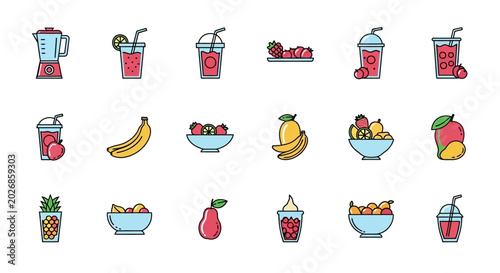 Healthy fruit drinks and smoothie icons illustrating vibrant, delicious, and fresh beverage options