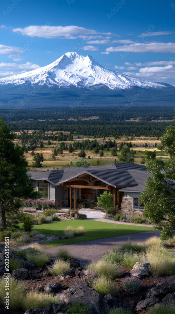 Fototapeta premium A stunning modern home showcases its beauty against a backdrop of a snow-capped mountain. Lush greenery surrounds the property, capturing the essence of peaceful living