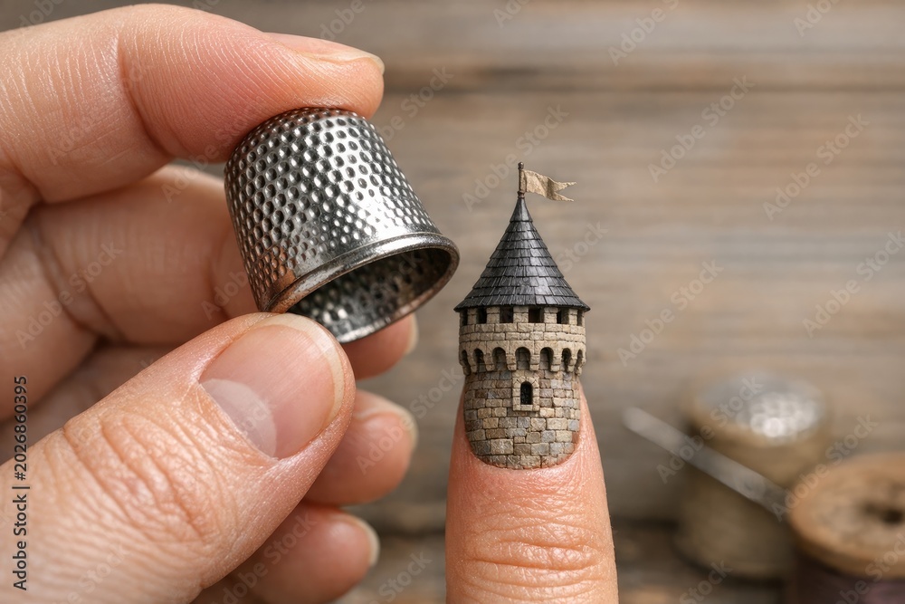 Fototapeta premium A person holding a silver ring with a medieval-style castle depicted on it