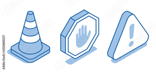 Isometric vector set of warning icons on a white background, prohibition or temporary restriction