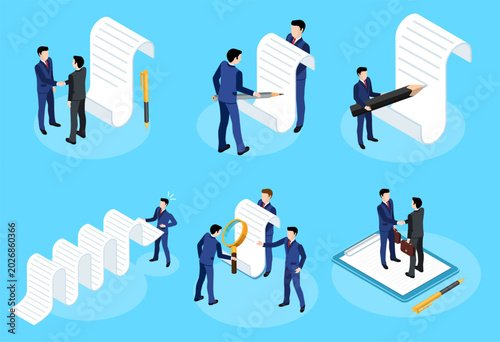 Isometric vector set of business people signing an agreement and shaking hands on a blue background, contract or agreement