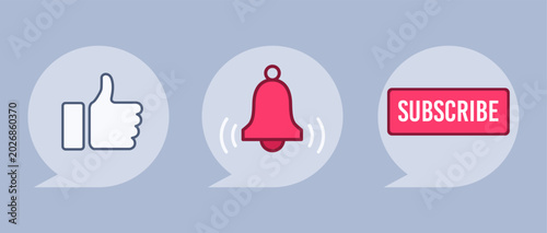 flat vector image on a gray background, subscribe to video channel, bell and like