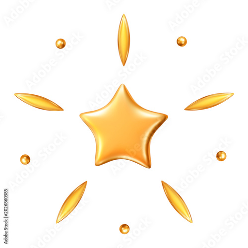 3d golden star with rays and balls. Stock vector illustration on isolated background.