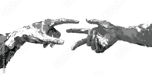 Foto Two textured gray hands reaching towards each other with index fingers extended