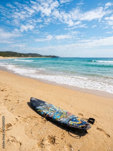 Surfboard on sandy beach, ocean waves and blue sky