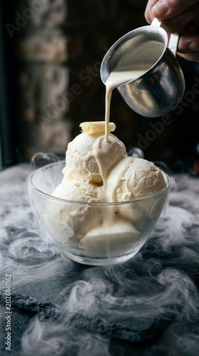 Vanilla ice cream with pouring cream, dry ice vapor.